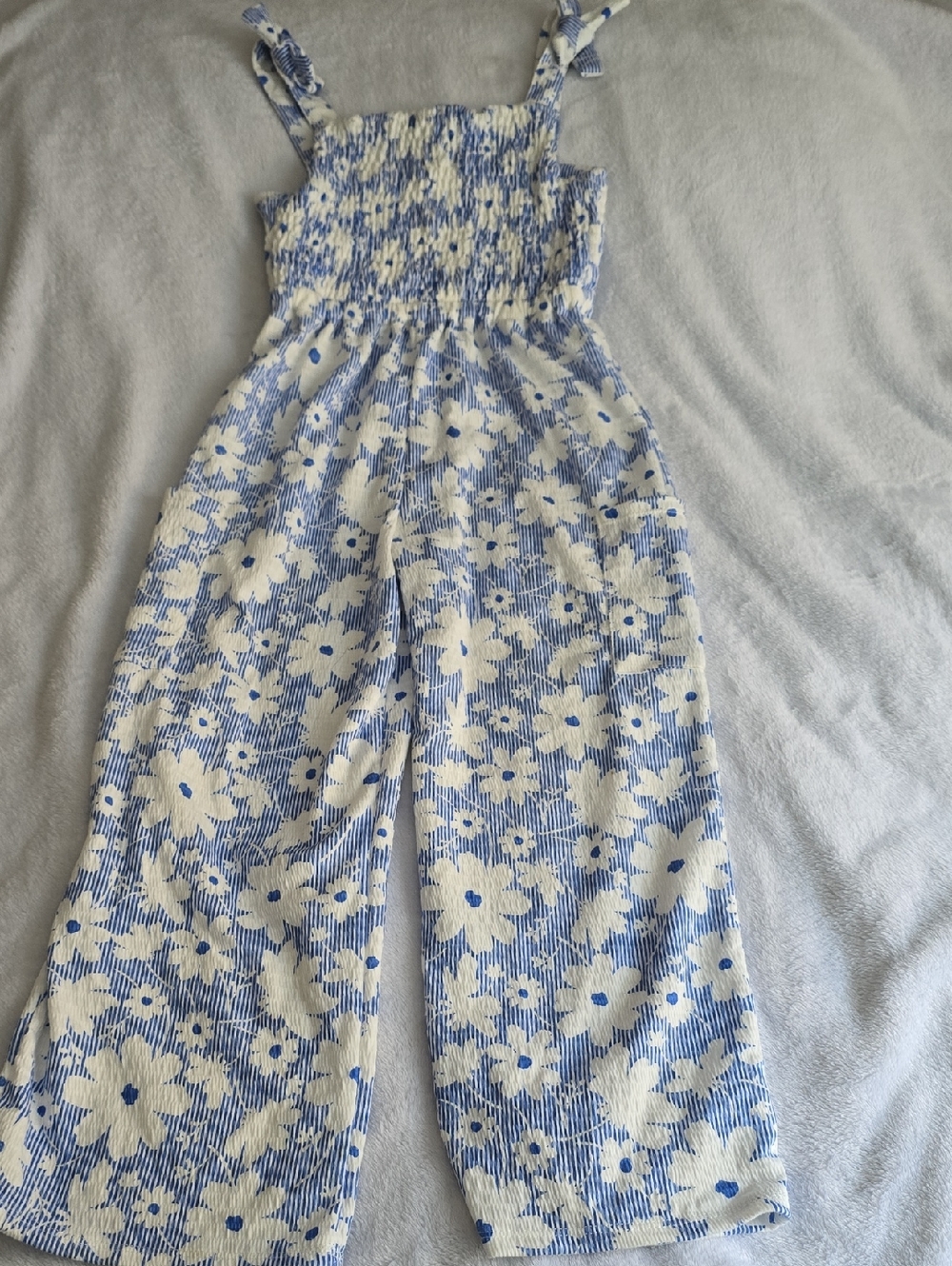 Blue and White Floral Smocked Jumpsuit for Girls Size 8